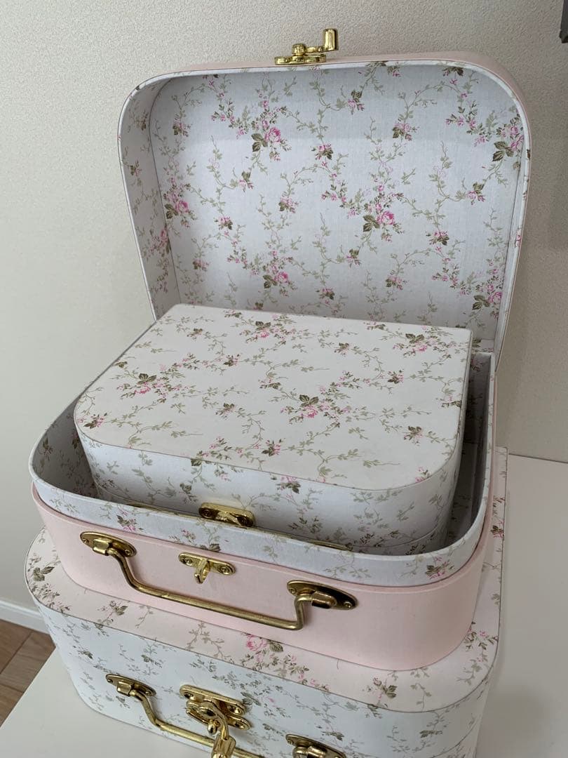 布張り木製ボックス 3個セット（フローラル柄 & ピンク）