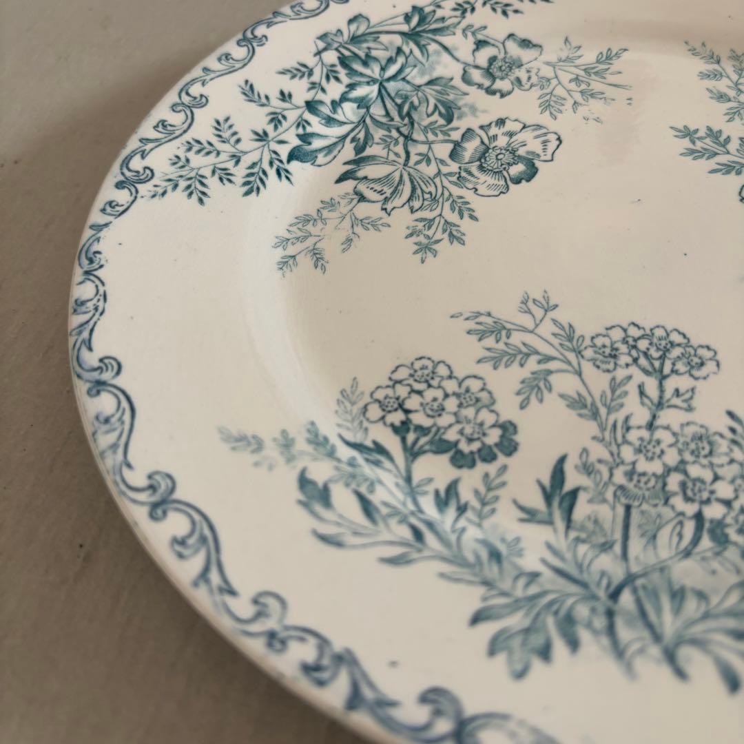 人気 フランスアンティーク サルグミンヌ 青緑 花模様がかわいいデザートプレート