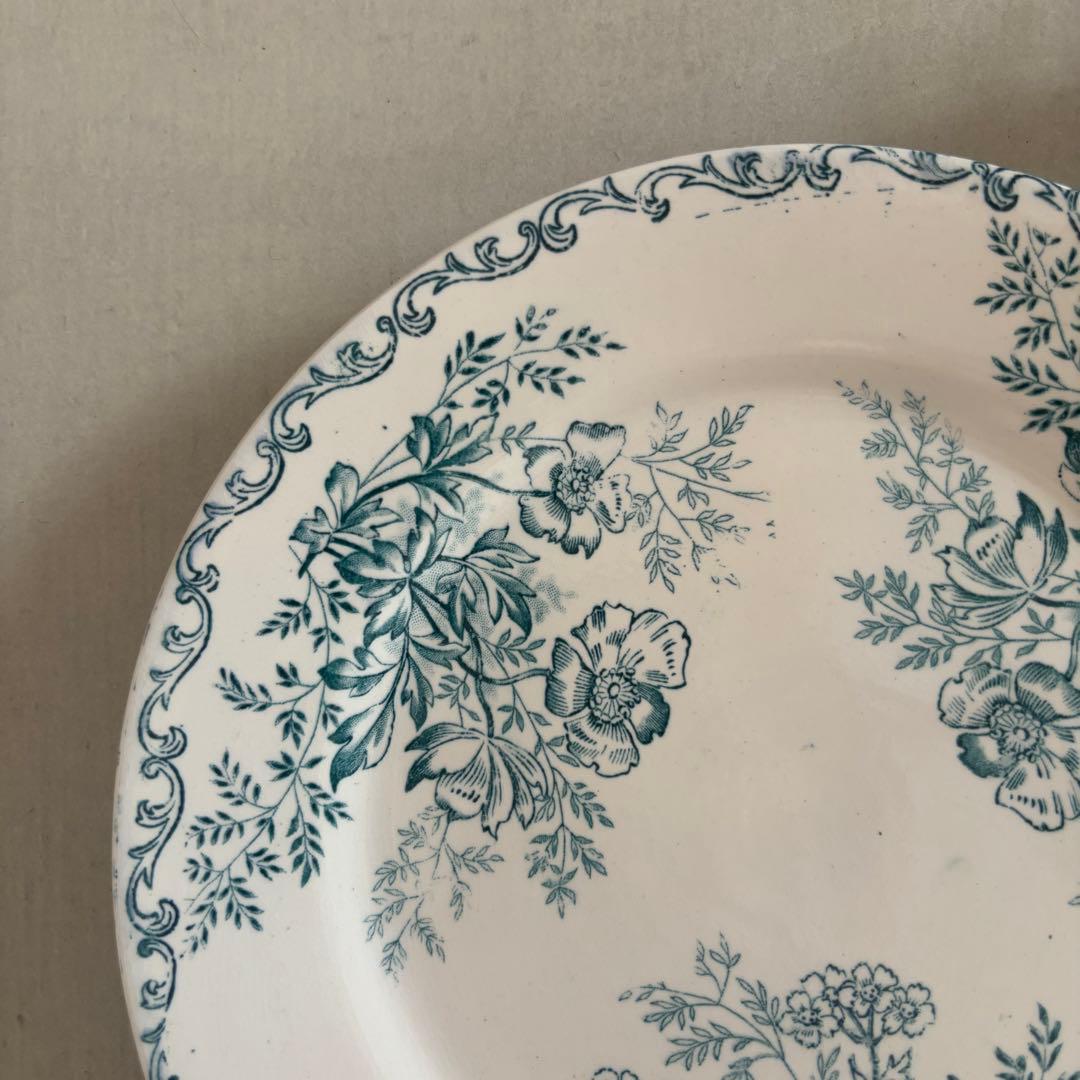 人気 フランスアンティーク サルグミンヌ 青緑 花模様がかわいいデザートプレート