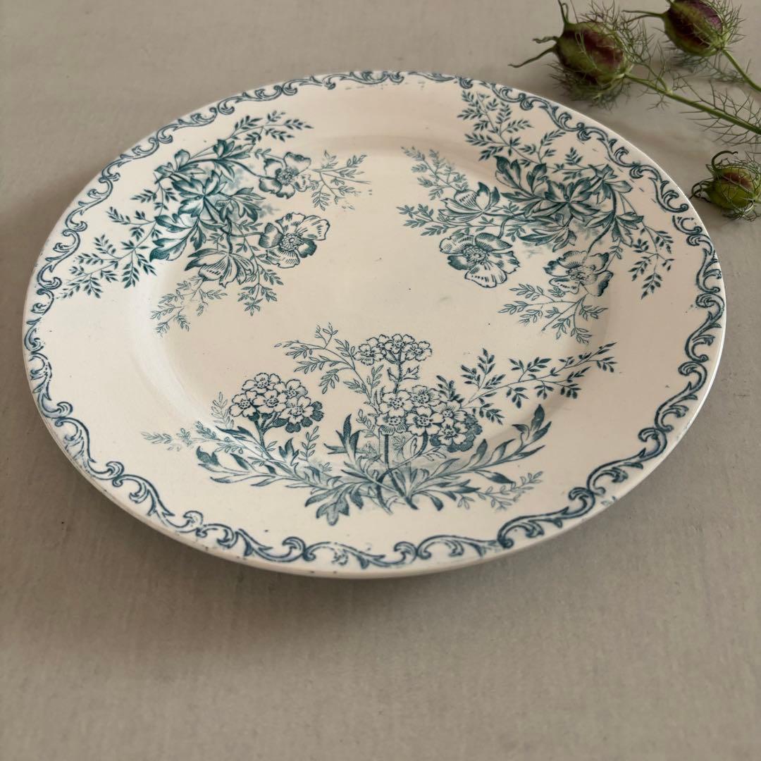 人気 フランスアンティーク サルグミンヌ 青緑 花模様がかわいいデザートプレート