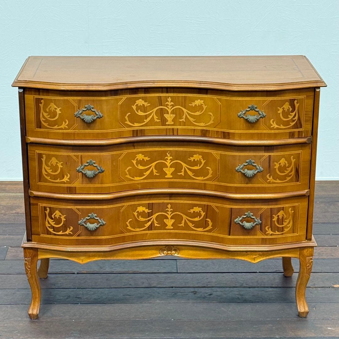 H23K58 イタリア製 猫脚 象嵌細工 3段チェスト クラシック クラシック