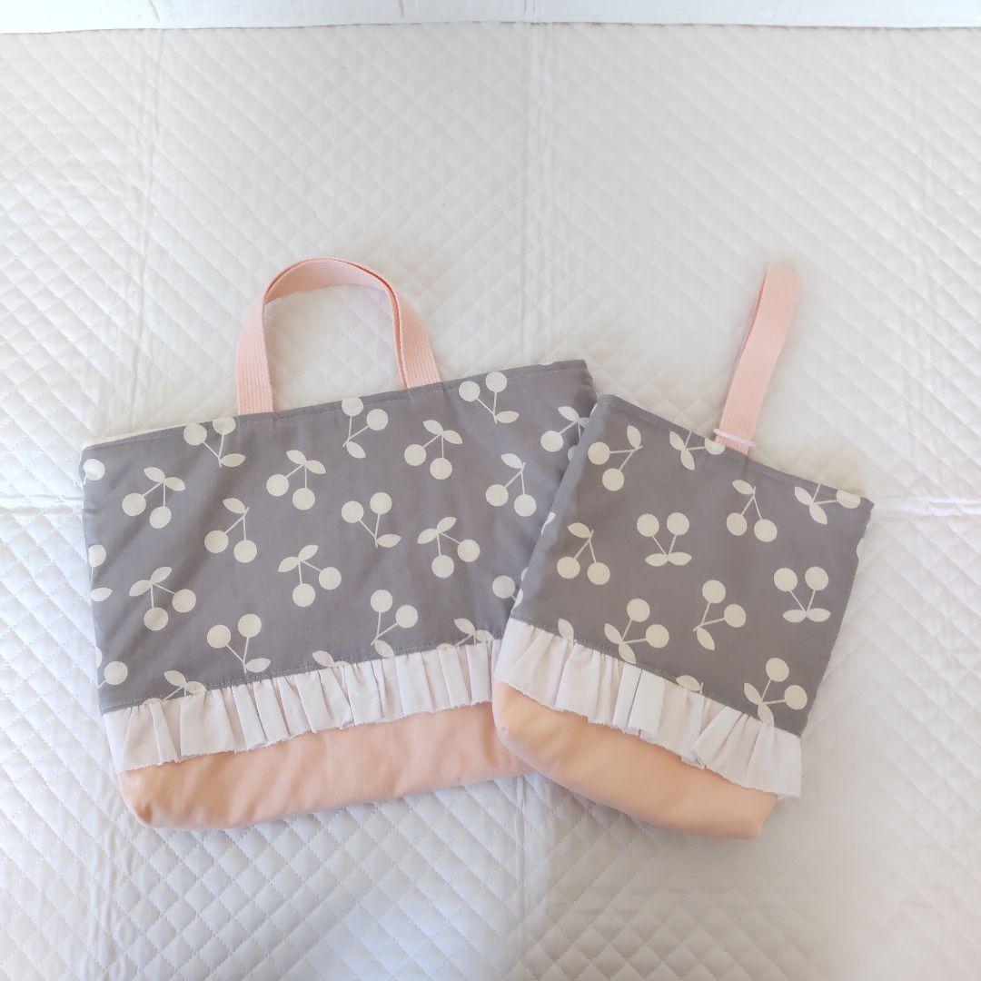 入園入学♡さくらんぼ柄レッスンバック3点セット♡オレンジピンク♡フリル