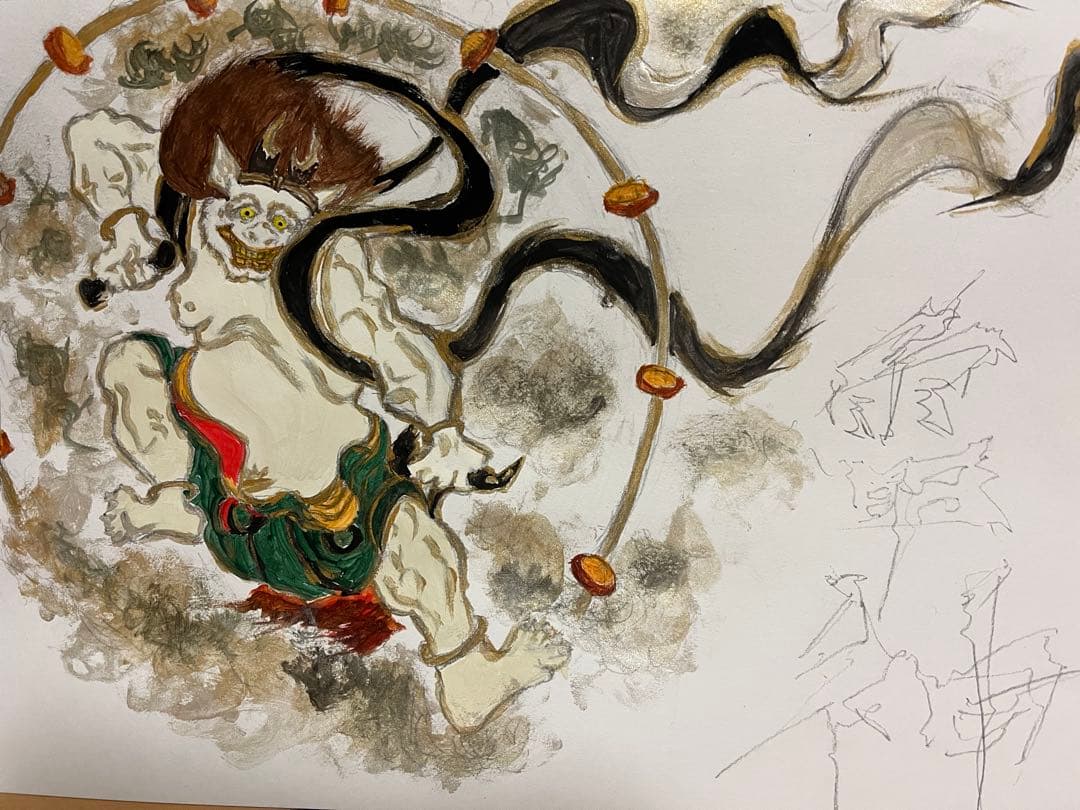 和風水彩画 雷神木製フレーム