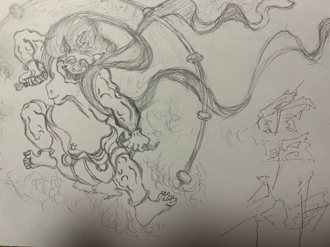 和風水彩画 雷神木製フレーム