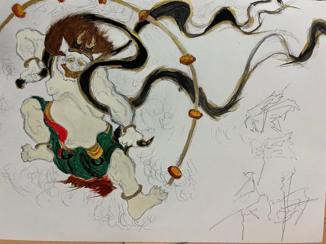 和風水彩画 雷神木製フレーム