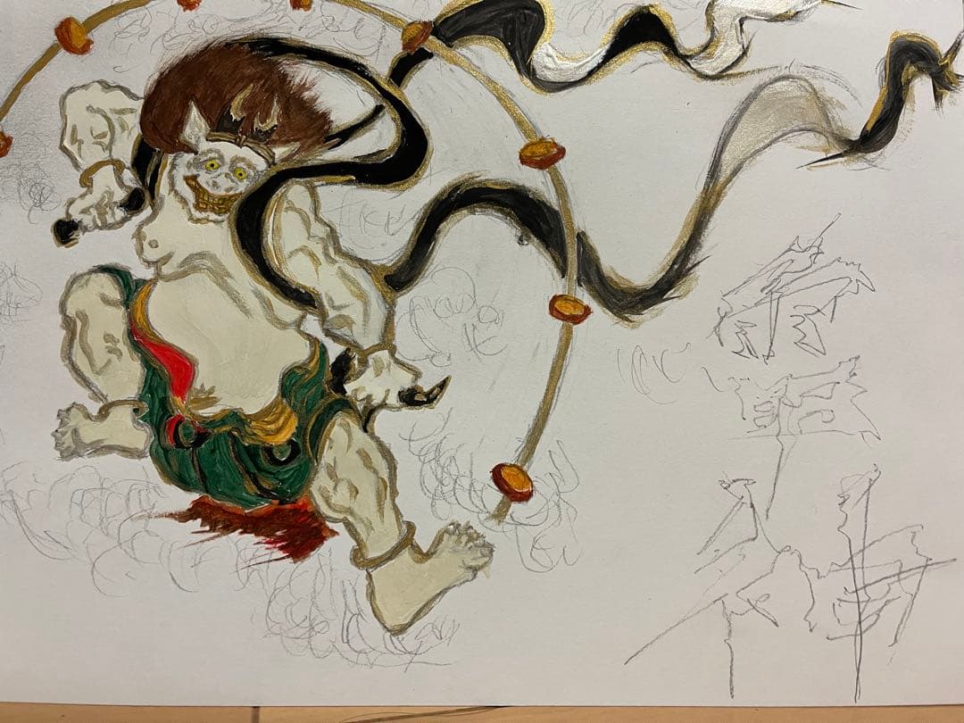 和風水彩画 雷神木製フレーム