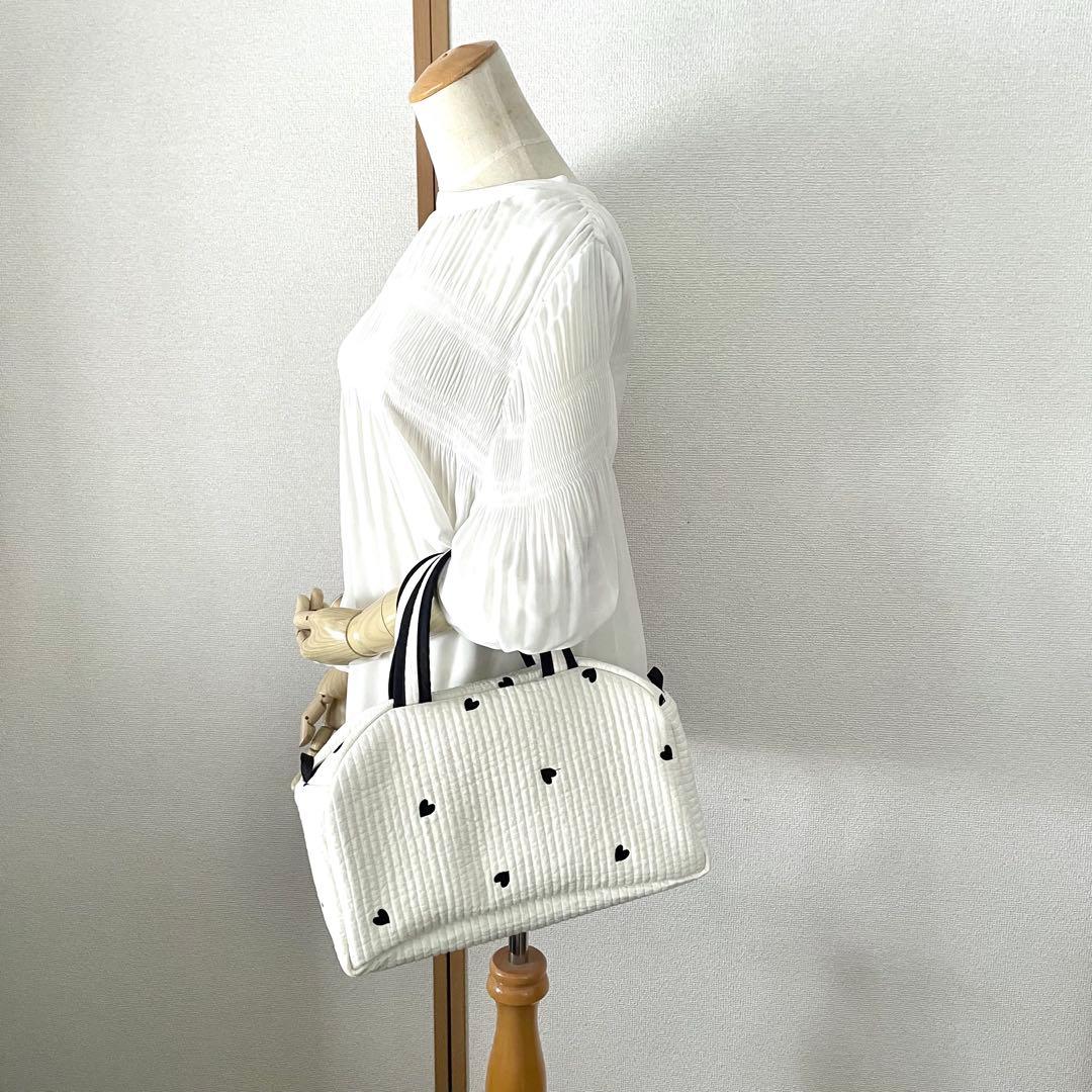 ボストンバッグ ヌビバッグ　アイボリー　ハート刺繍　ハンドメイド