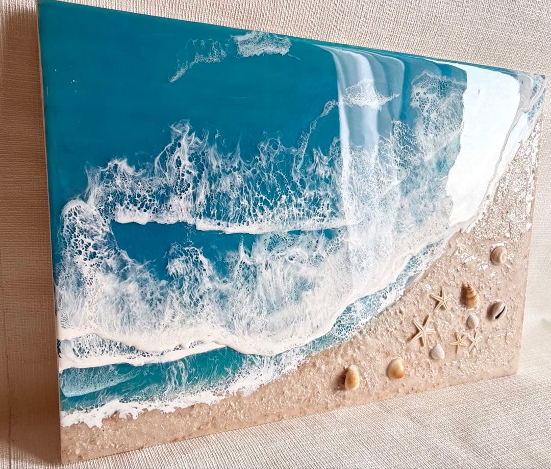 オーシャンアート縦30㎝横45㎝ターコイズブルー　パラオ産サンゴ砂　壁掛け金具付