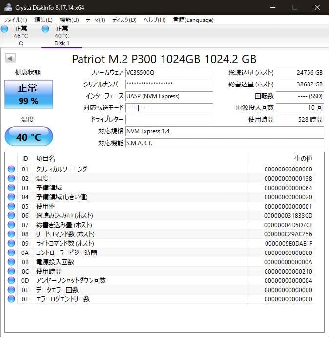 使用時間528時間 Patriot Memory P300 1TB 動作確認済