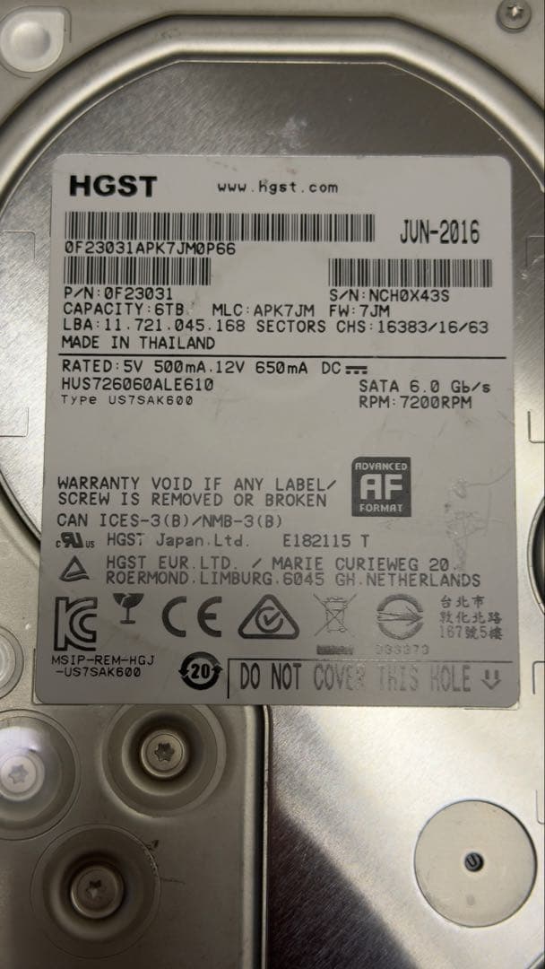 外付けハードディスク・ドライブ HGST HUS726060ALE610 6TB HDD
