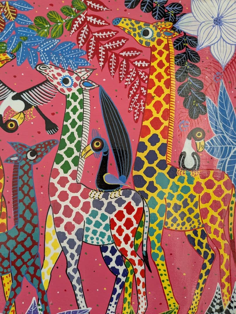 ●アフリカの絵画、ティンガティンガ、キリンの群、カラフル、30×40cm