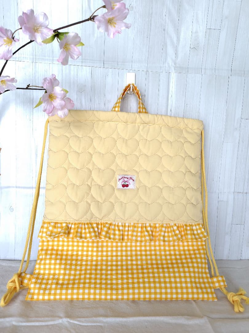 入園 入学 レッスンバッグ3点セット 【イエローハート×チェックフリル 】