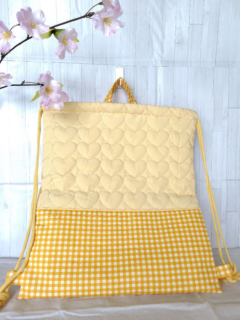 入園 入学 レッスンバッグ3点セット 【イエローハート×チェックフリル 】