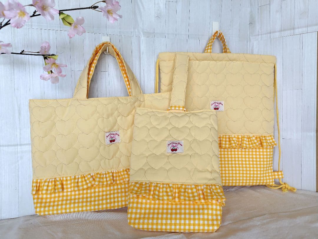入園 入学 レッスンバッグ3点セット 【イエローハート×チェックフリル 】