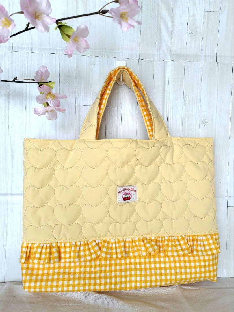 入園 入学 レッスンバッグ3点セット 【イエローハート×チェックフリル 】