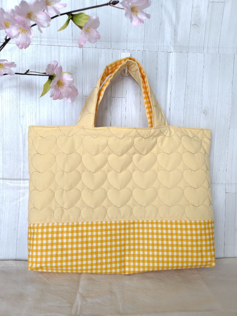 入園 入学 レッスンバッグ3点セット 【イエローハート×チェックフリル 】
