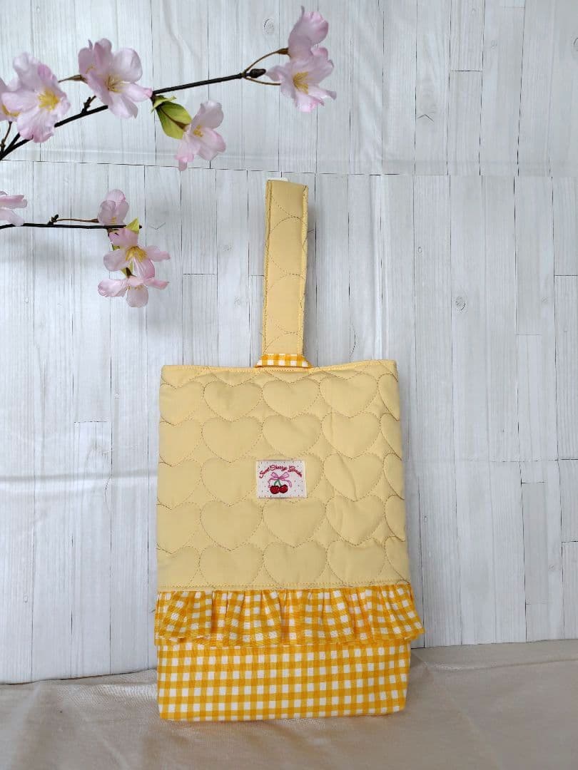入園 入学 レッスンバッグ3点セット 【イエローハート×チェックフリル 】