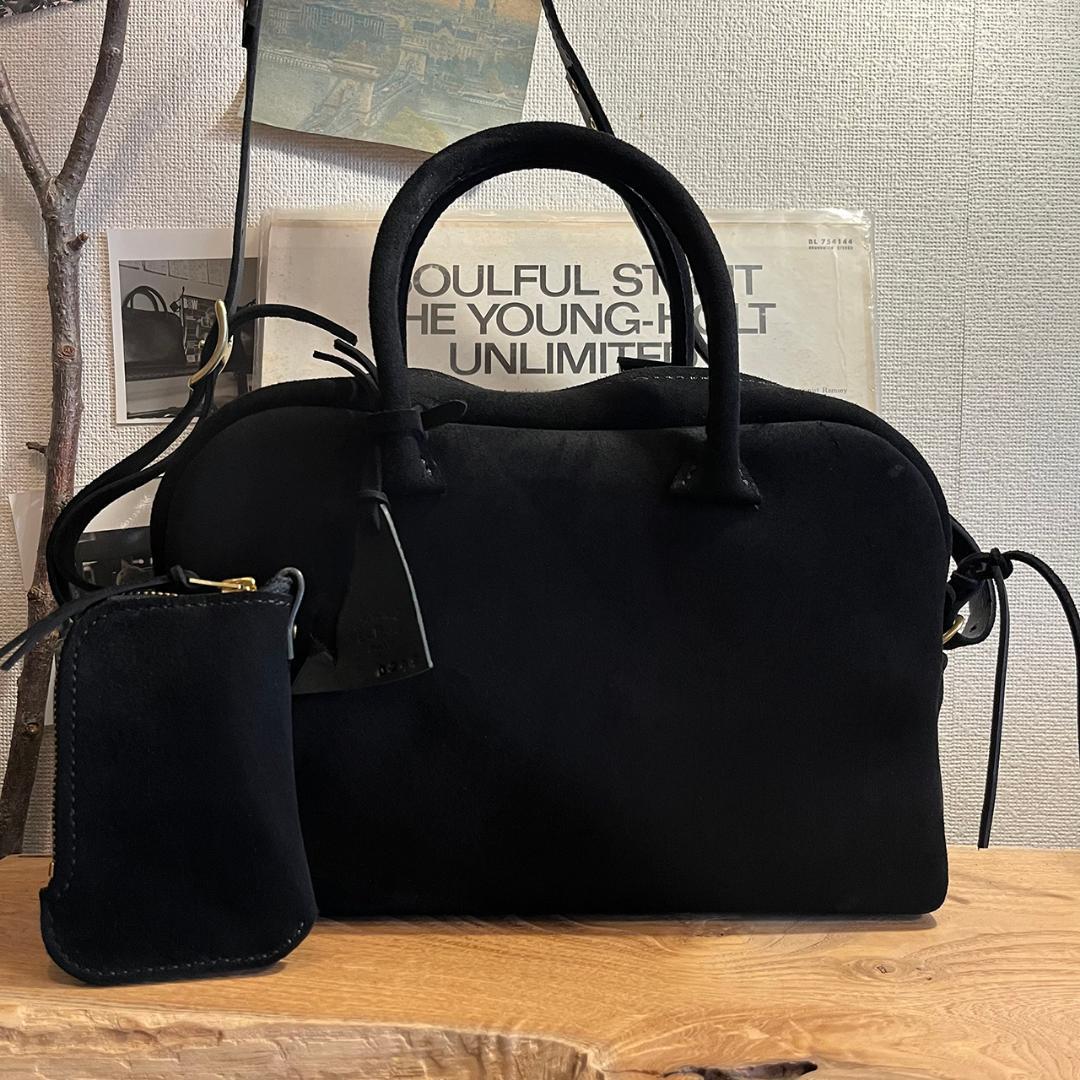 間口が広いバッグ kudu革 スエードバッグ レザーボストンバッグ 黒 #299