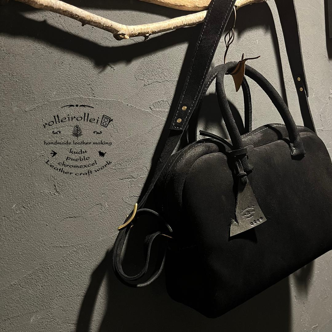 間口が広いバッグ kudu革 スエードバッグ レザーボストンバッグ 黒 #299