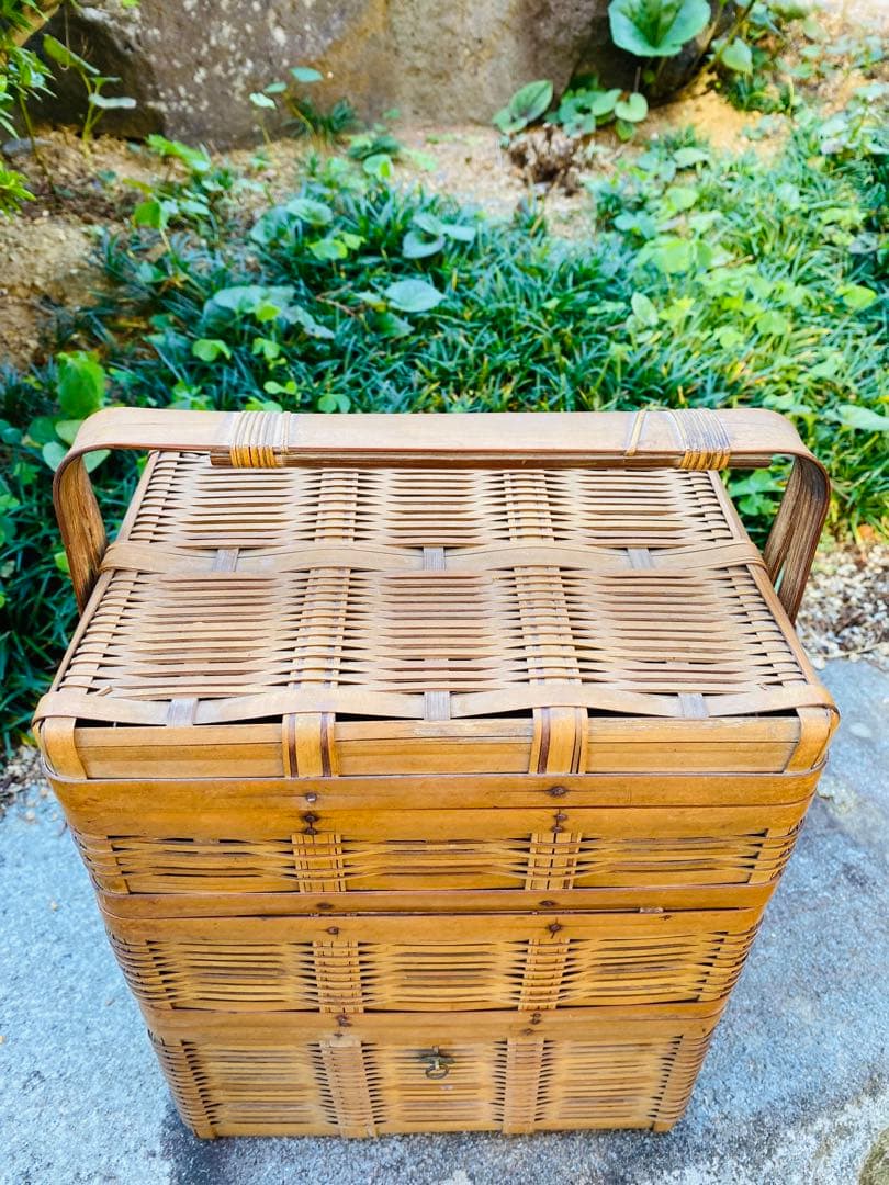 美品 三段竹籠 バスケット 竹細工 籠