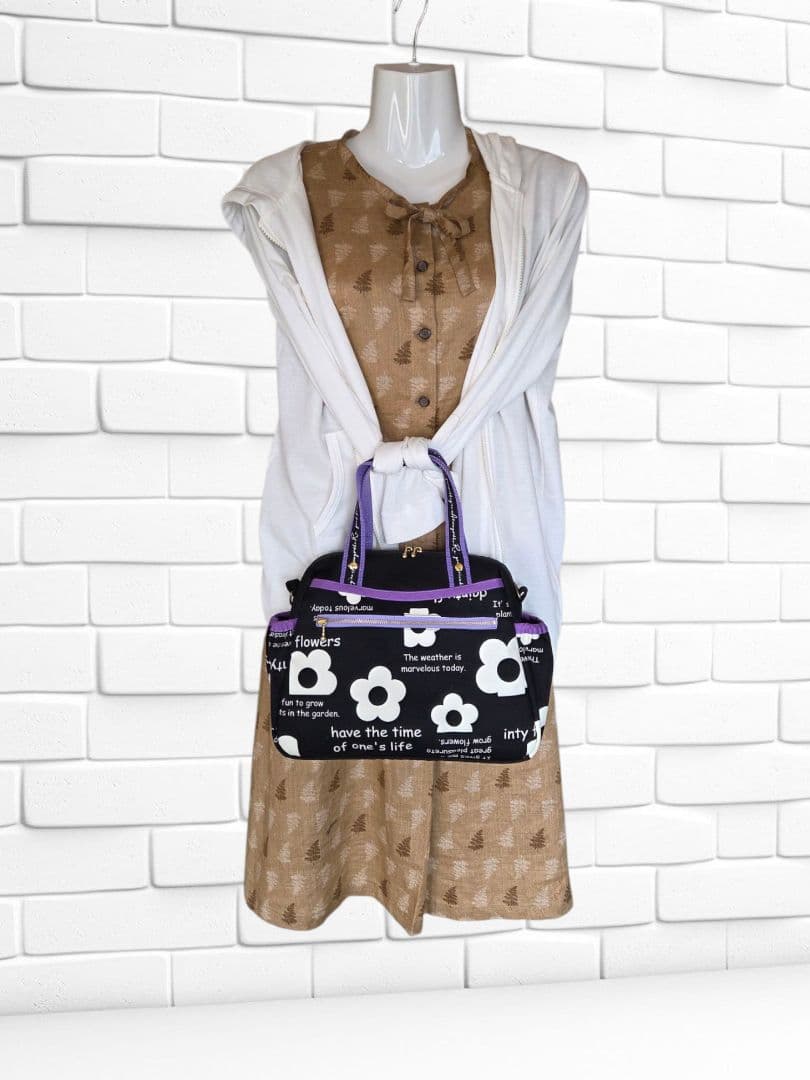 ボストン3way バッグ（M）　デイジー花柄×帆布　ハンドメイド