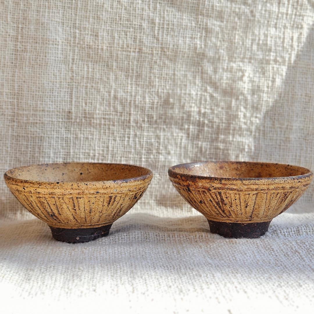 【2点ペア】小ぶり飯椀 茶碗 細しのぎ 新品 越前焼 実生窯 新藤聡子 送料無料