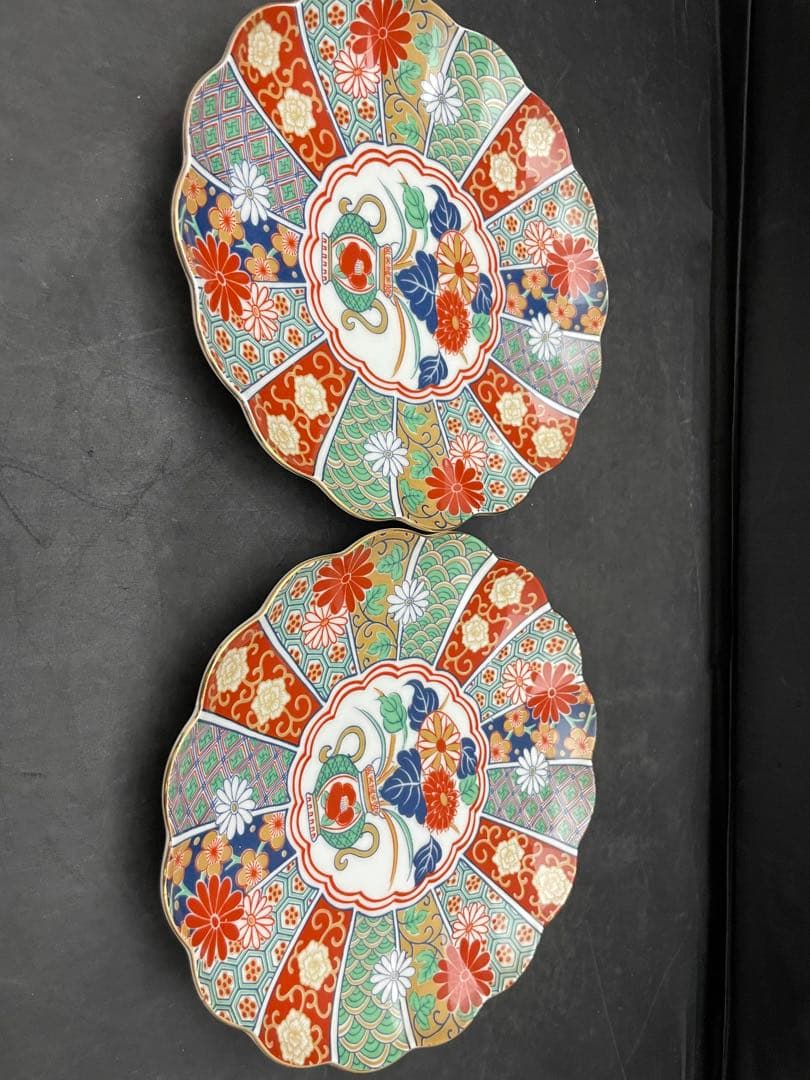 有田焼　陶扇　錦絵　金彩色絵　銘々皿　5枚　菊割皿