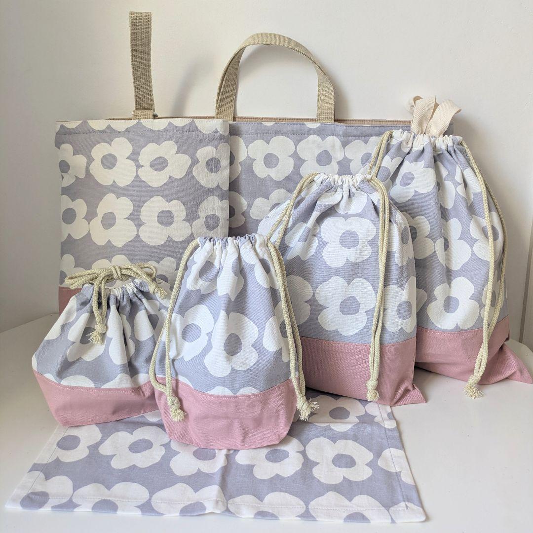 裏地キルティング入園入学3点セット、幼児お弁当3点セット、巾着袋　大花×ピンク