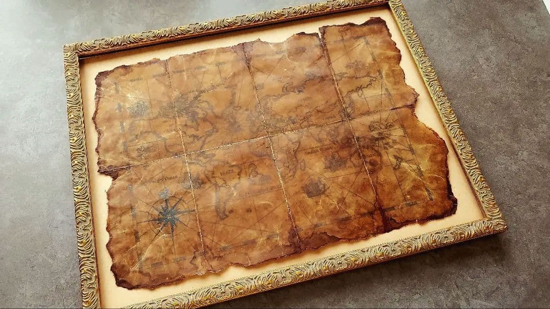 宝の地図 世界地図 古地図 額縁付き ヴィンテージ ポスター