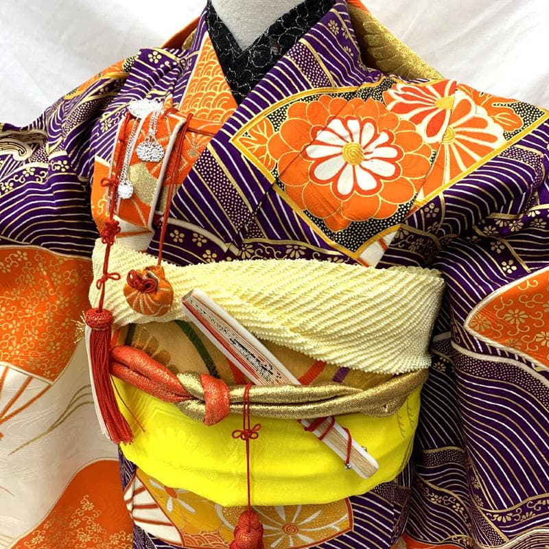 505ag58□七五三 七歳 女児 着物&袋帯 金駒刺繍 青海波 扇 菊□良好