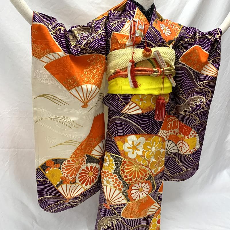 505ag58□七五三 七歳 女児 着物&袋帯 金駒刺繍 青海波 扇 菊□良好