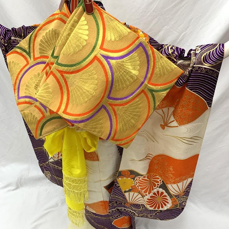 505ag58□七五三 七歳 女児 着物&袋帯 金駒刺繍 青海波 扇 菊□良好