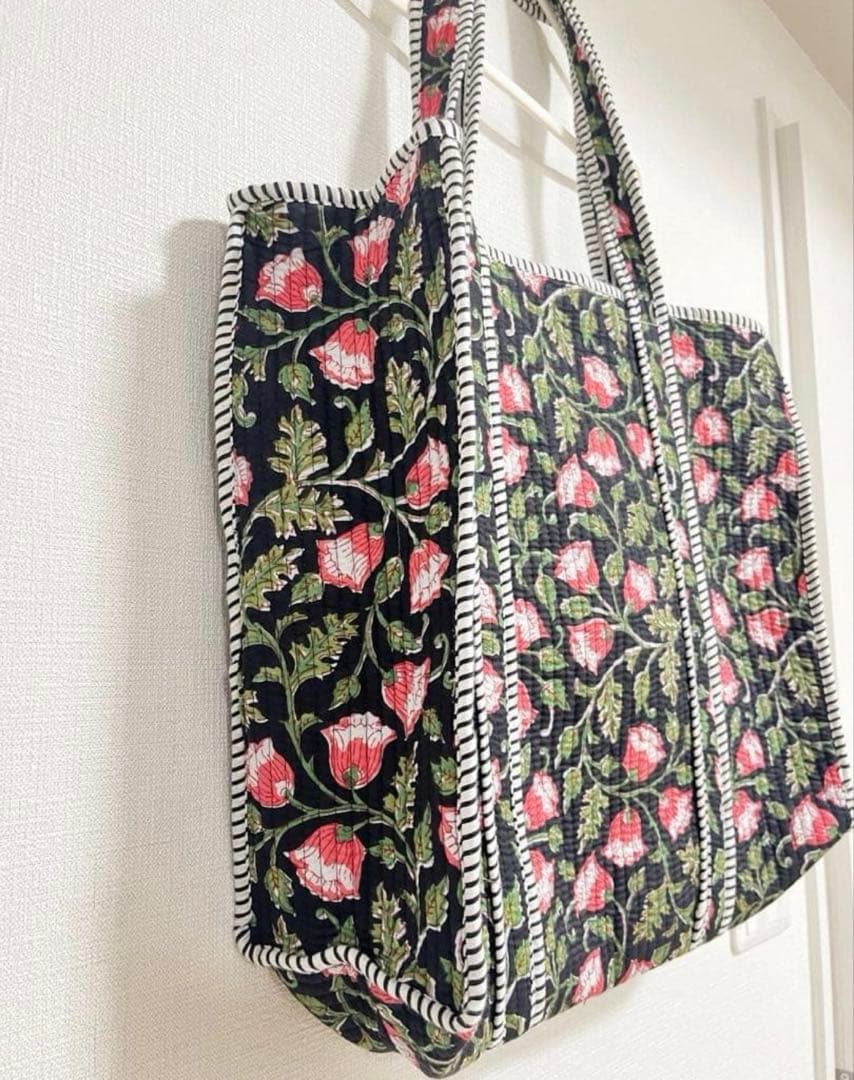 花柄ストライプトートバッグ キルティング ブロックプリント