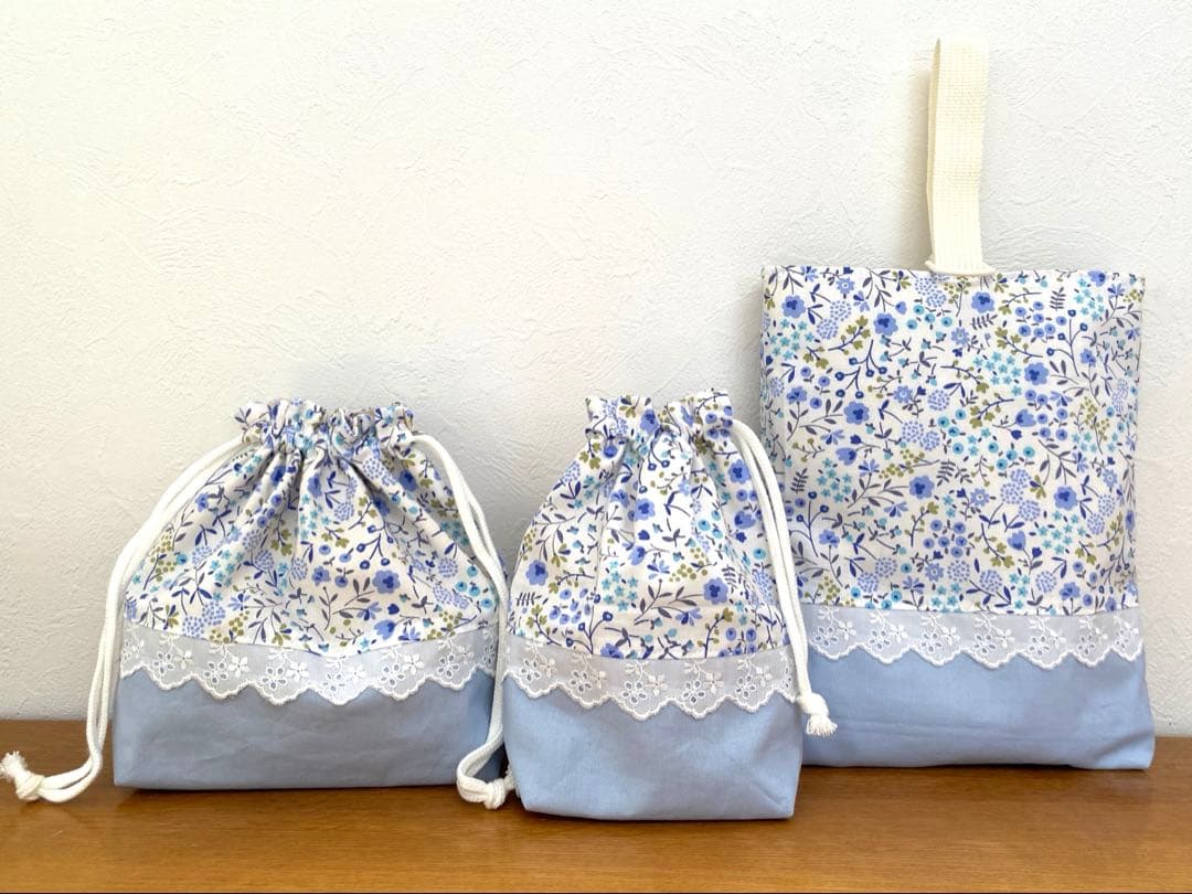 リクエスト品　ハンドメイド　入園入学準備　花柄ポップ　ブルー　5点セット