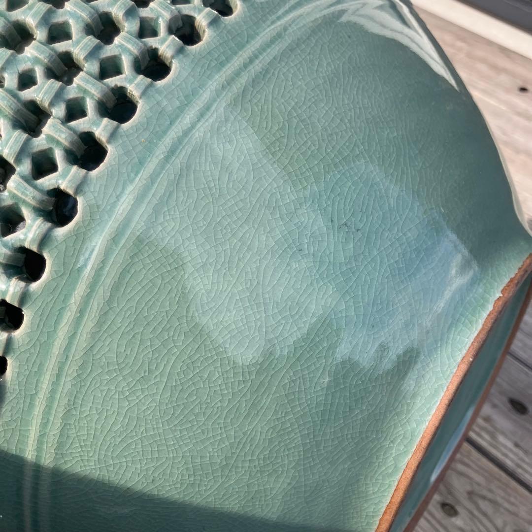 青山作 特大壺 高麗青磁 透かし 雲鶴紋 二層網目 花瓶 網目彫 緑色 双耳大型