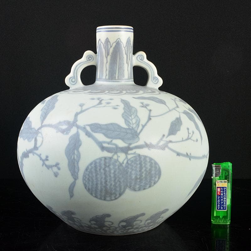 中国　青花　果実文　双耳天球瓶　合わせ箱付　M　R5232B