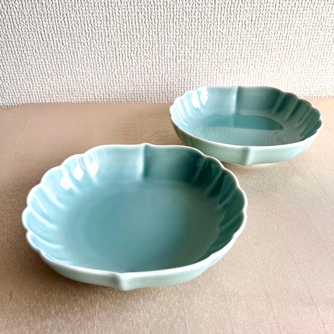 ★新品未使用★深川製磁 百年庵 菊中割 小鉢 笹青磁 2枚セット