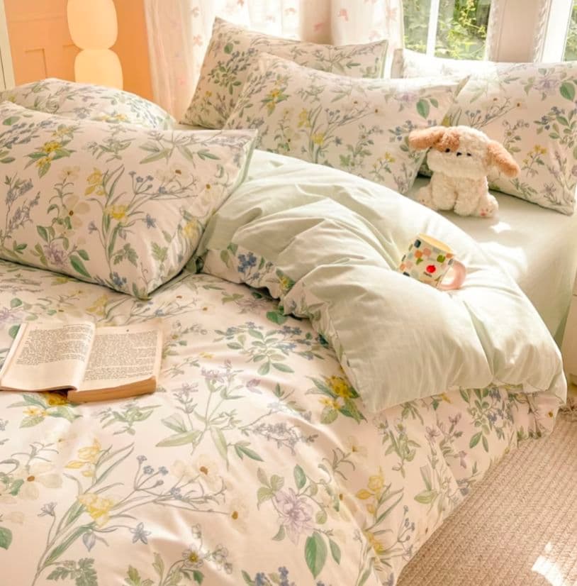 新品★ミント忘れな草ハナミズキクロッカス綿100%シングル掛け布団枕カバー３点