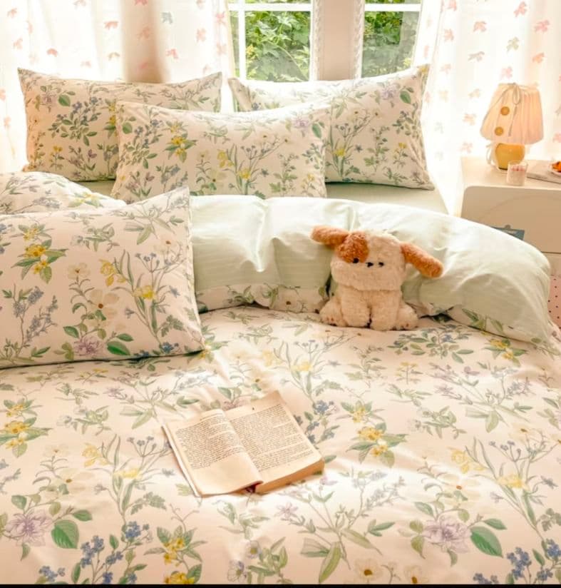 新品★ミント忘れな草ハナミズキクロッカス綿100%シングル掛け布団枕カバー３点