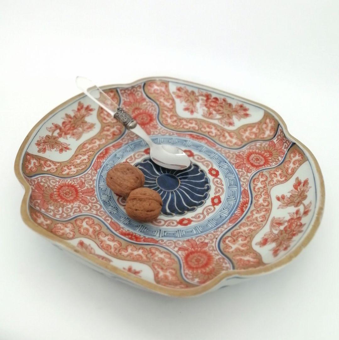 古伊万里　色絵　花唐草　龍　木瓜形　大皿