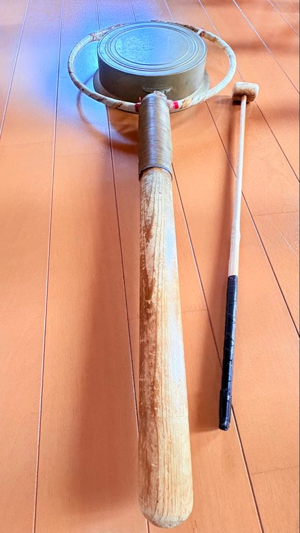 阿波踊り　鉦カネ 鳴物 鉦 金具 木製柄持ち手　バチ付き