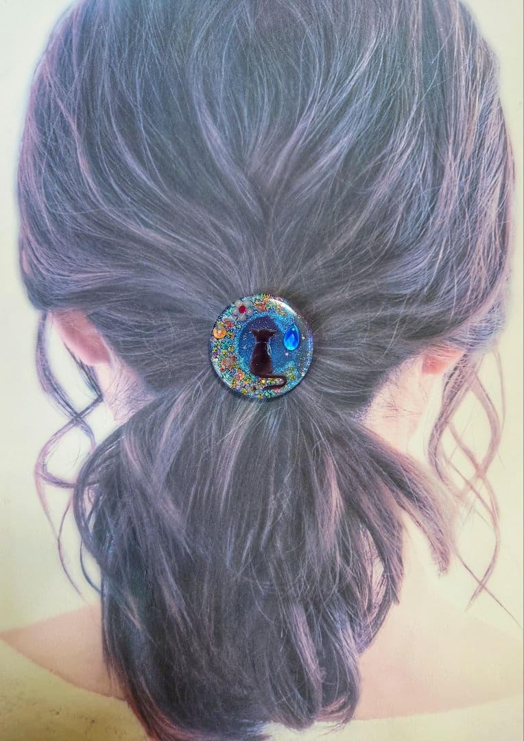 レジン　猫　ヘアゴム　ブローチ　ポニーフック　No.535