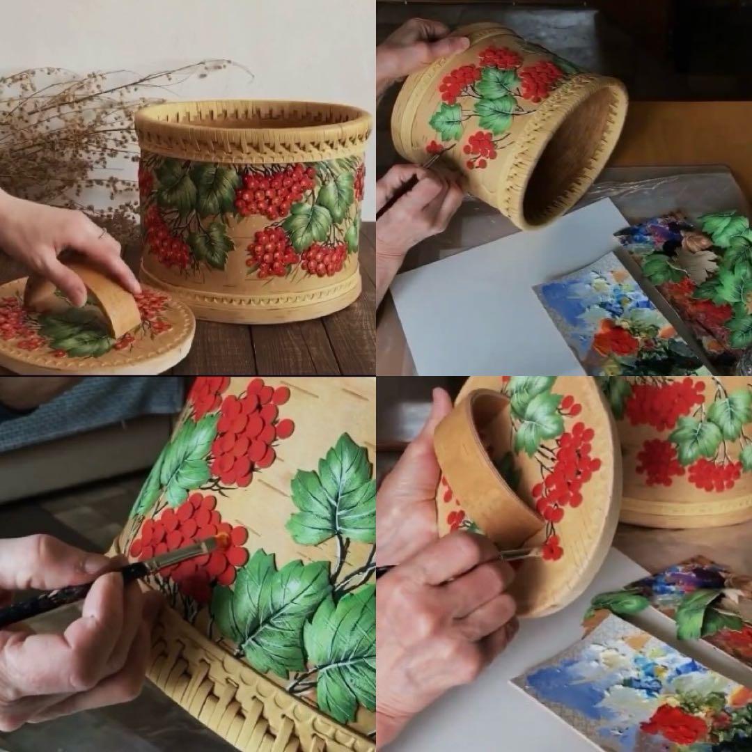 ロシア雑貨☆ベレスタ 白樺収納box ラウンド型 ガマズミ マトリョーシカ