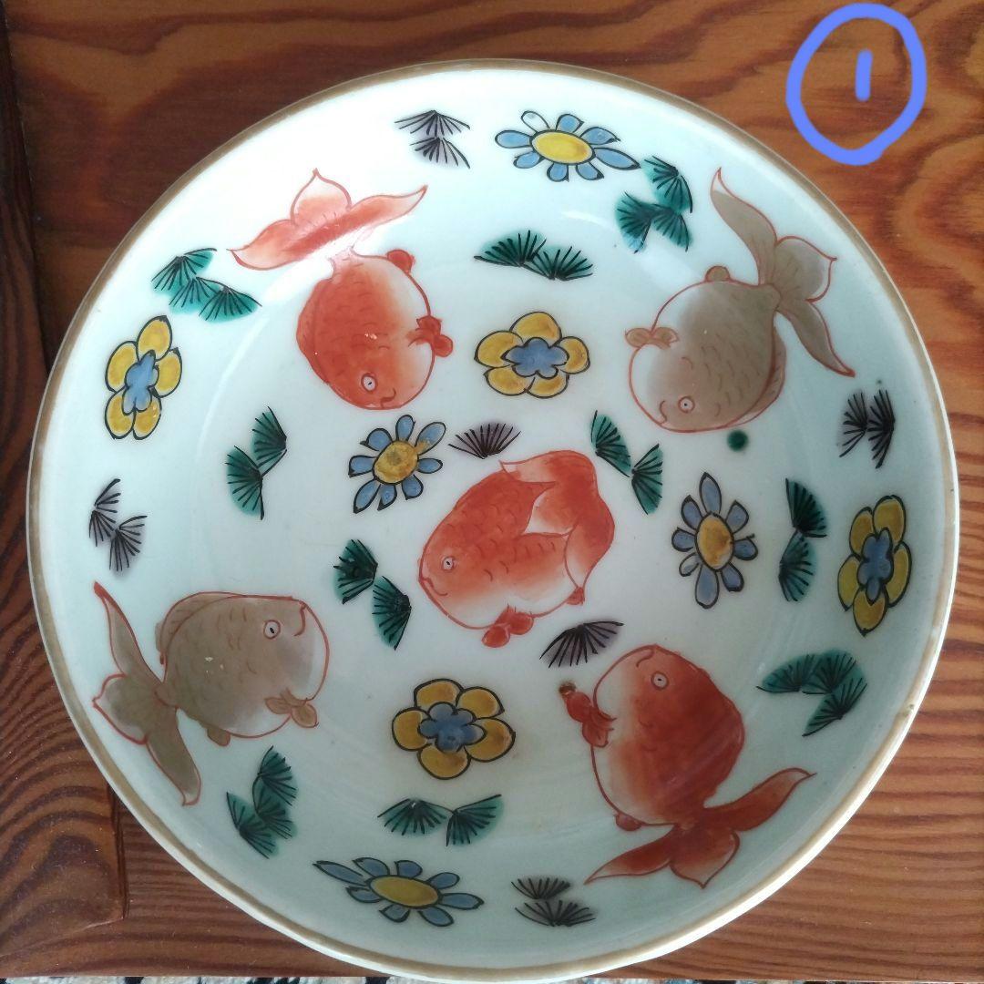 ★ 江戸期 青磁 金魚 色絵 なます皿 5客組 アンティーク