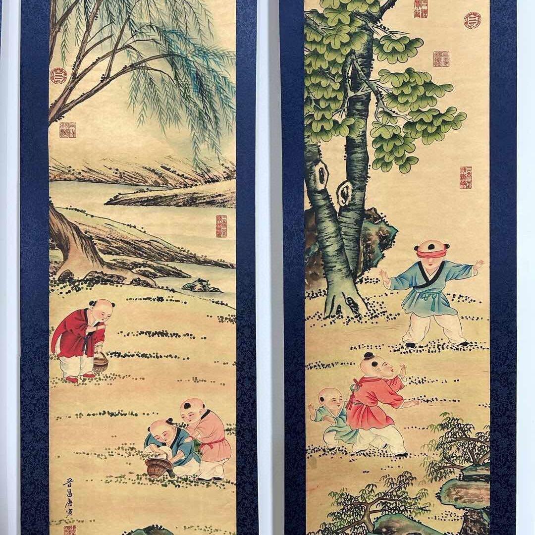 唐寅 童子図 四条屏 掛け軸 中国美術 絵画 書画 人物画 童戯図 インテリア