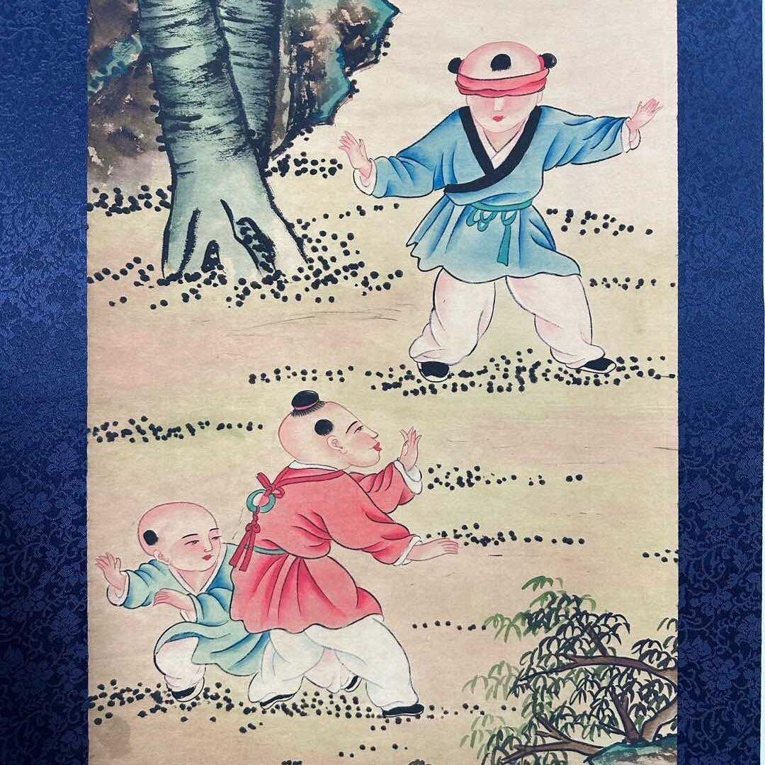 唐寅 童子図 四条屏 掛け軸 中国美術 絵画 書画 人物画 童戯図 インテリア