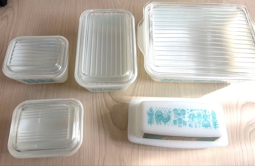 【未使用あり】オールドパイレックスアーミッシュ柄保存容器&未使用バターケース5点