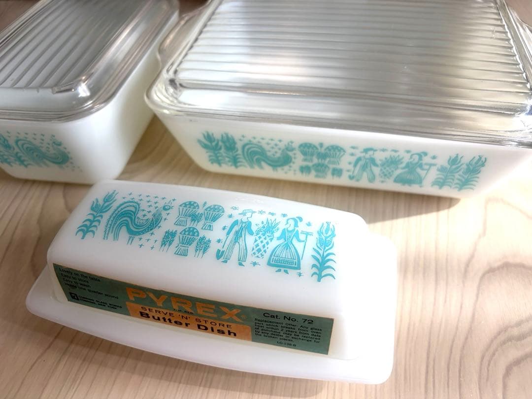 【未使用あり】オールドパイレックスアーミッシュ柄保存容器&未使用バターケース5点