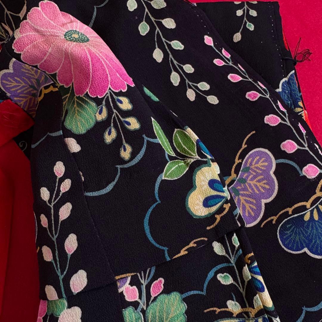 市松人形 13号(47cm)サイズの着物　比翼仕立て　黒　松藤菊　し