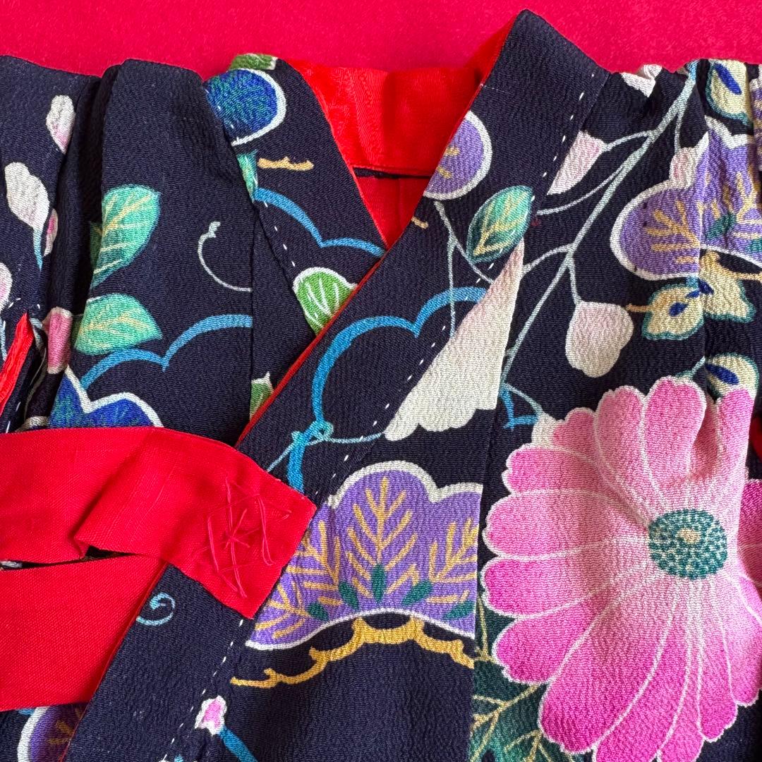 市松人形 13号(47cm)サイズの着物　比翼仕立て　黒　松藤菊　し